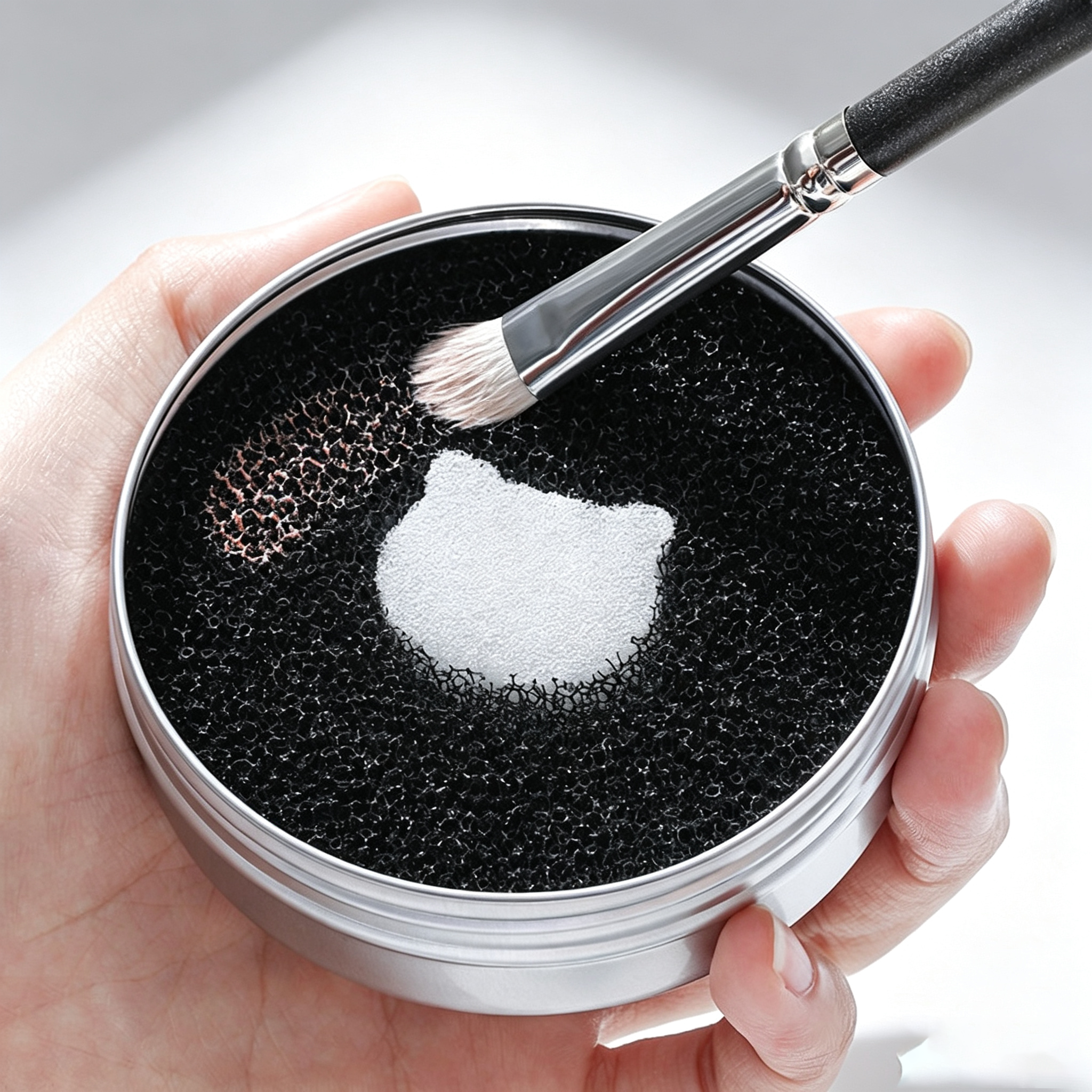 Portable Makeup Brush Dry Cleaner - Activated Charcoal Sponge for Instant Powder Removal, No-Wash Color Switching Tool in Metal Tin (Ideal for Eyeshadow/Concealer Brushes & Sponges)