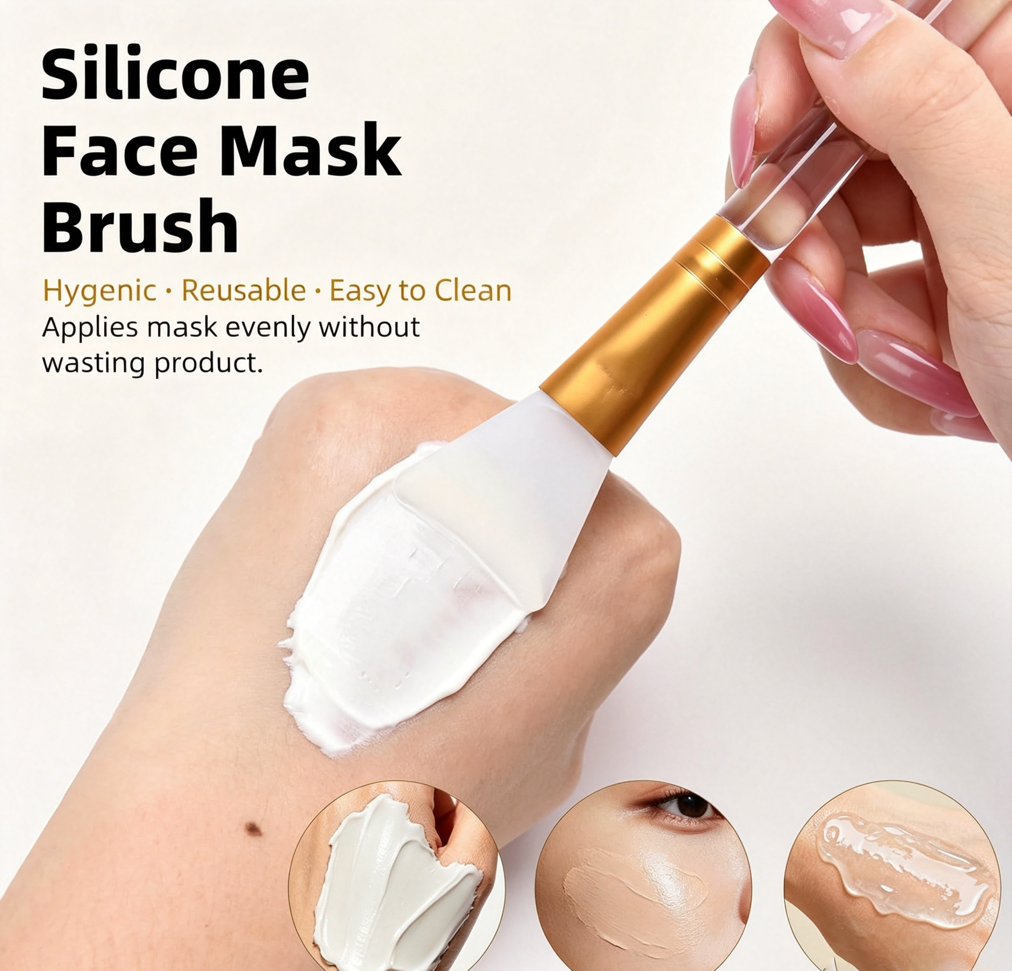 Silicone Face Mask Brush - Transparent Handle with Gold Ferrule, Fan-Shaped Soft Head for Easy Cleaning & Facial Contour Fit (Ideal for Mud Masks, Spa Treatments & Skincare Application)